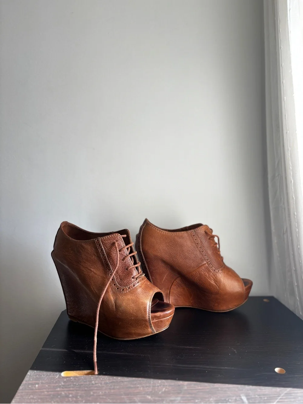 Zara Brown Leather Peep-Toe Wedge Booties rare style real leather